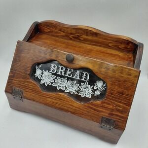 Vtg Wood Bread Box Roses Stenciled Glass Face Farmhouse Breadbox Cottagecore